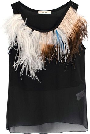 Celine Black Silk Tank Top with Ostrich Feather Trim Sheer Top Size XS