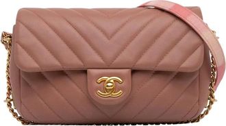 Chanel Pre-owned Mini Rectangular Chevron Lambskin Chain Around Flap Crossbody Bag - Dames - Vintage Schoudertas - Roze - ONE Size - Leer - Vintage