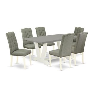 East West Furniture 7-Pc Dining Room Set- 6 Kitchen Chairs with Smoke Linen Fabric Seat and Button Tufted Chair Back