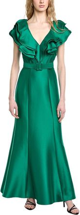 Badgley Mischka V-Neck Ruffle Gown