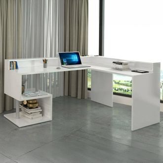 Dmora Escritorio Sansone, Escritorio De Esquina Con Estantes De Almacenamiento, Escritorio De Oficina Multiusos Con Tapa, 180x92,5h160 Cm, Blanco, Con Embal