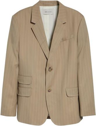 Ami Straight Fit Pinstripe Virgin Wool Gabardine Blazer in Beige Taupe/Blanc Creme at Nordstrom, Size 38 Us