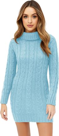 Janisramone Ladies Polo Neck Cable Knit Jumper Dress, Mini Bodycon Pullover, Long Sleeve Turtleneck Womens Sweater, Winter Knitted Casual & Party Wear Sky Blue