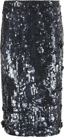 P.A.R.O.S.H. Blauwe Sequin Midi Rok met Bloemapplicaties - Dames - Midirokken - Blauw - S - Pailletten - Rokken