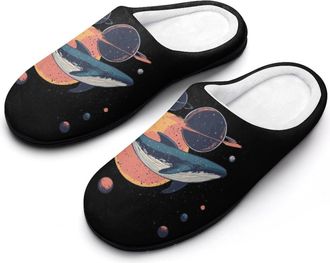 Generic Blue Whale Spacees Planets Womens Slippers Warm House Slippers Indoor House Shoes with Anti-Skid Rubber Sole
