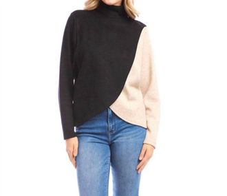 Karen Kane Long Sleeve Crossover Colorblock Top In Black With Oatmeal