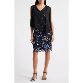 S.L. Fashions Chiffon Capelet Floral Sequin Cocktail Dress in Blue Black at Nordstrom, Size 12