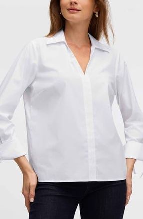Foxcroft Carla Tie Cuff Cotton Blend Popover Top in White at Nordstrom Rack, Size X-Large