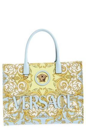 Versace Large La Medusa Print Canvas Tote in Pastel Blue Gold at Nordstrom