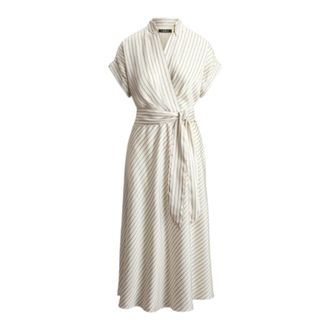 Ralph Lauren Gestreept Cross-over Midi-jurk met V-hals - Dames - Casual kleedjes - Beige - 2XS - Polyester - Kleedjes