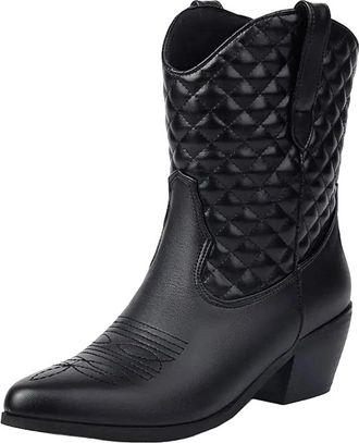 Generic Womens Retro Western Ankle Boots Pointed Toe High Chunky Heel Slip On With Embroidery Detail Fashion Footwear