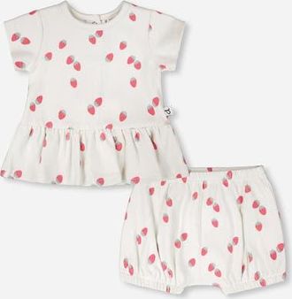 Deux par Deux Cotton Rib Jersey Strawberries Printed Top and Short Set in White Printed Strawberries at Nordstrom, Size 6M