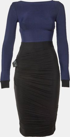 H&eacute;rve L&eacute;ger Navy Blue Knit & Tulle Ruched Bodycon Dress