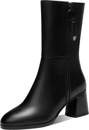Generic Womens Mid-Calf Ankle Boots Smooth PU Leather Round Toe Side Zipper Block Heels Sleek Solid Color Design Comfortable Durable Stylish Fit,Black,3.5 UK