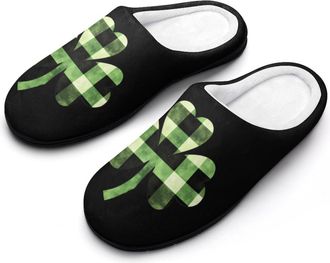 Generic Green Buffalo Plaid Shamrock Womens Cotton Slipper Comfortable Cozy Plush Slippers Anti-Skid Indoor House Closed Toe Shoes