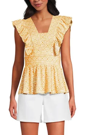 Lands End Lightweight Jersey Ruffle Peplum Top in Bright Lemon Mosaic at Nordstrom, Size X-Large P