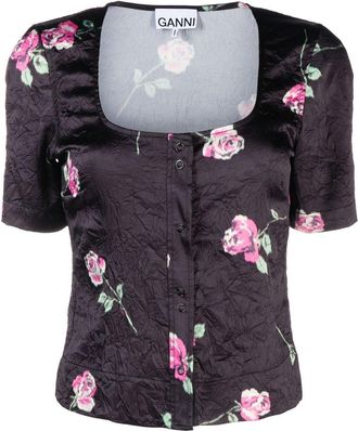 Ganni floral-print crinkled satin blouse - women - Recycled Polyester/Spandex/Elastane - 34 - Black