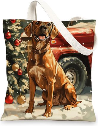 Generic Christmas Rhodesian Ridgebacks Dog Canvas Tote Bag for Shopping 13x15, Winter Xmas Truck Puppy Reusable Grocery Print Pattern Bag for Women Men, New Y