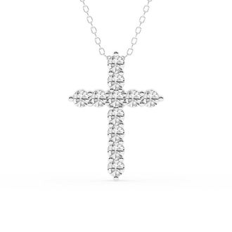 Grown Brilliance 1 Carat Round Lab Grown Diamond Cross Pendant Necklace in Sterling Silver, 18 Inches Cable Chain, J-K Color, I1-I2 Clarity