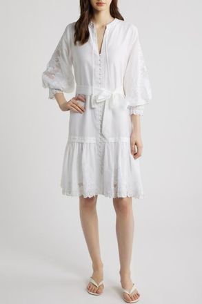 Kobi Halperin Erica Embroidered Detail Long Sleeve Cotton & Silk Dress in White at Nordstrom, Size Xx-Large