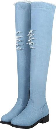 Generic Womens Knee High Boots Square Heel Denim Fabric Low Heel Women Shoes