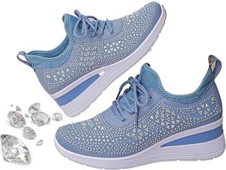 Generic Womens Glittery Rhinestone Fashion Breathable Wedge Sneakers, Sparkly Bling Wedding Dressy Tennis Shoes for Bride, Orthopedic Wedge Sneakers (Blue,6.5