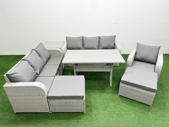 Fimous 9 Seater Poly Rattan Outdoor Garden Furniture Rectangular Dining Table Sofa Set Patio 3 Seater Sofa Reclining Chair 3 Seater Sofa 2 Big