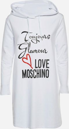 Love Moschino White Logo Print Cotton Knit Hooded Sweatshirt Dress
