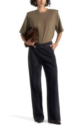 Mani&egrave;re De Voir Mia Wide Shoulder Bodysuit T-Shirt in Olive at Nordstrom, Size 10
