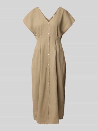 Ichi Midikleid aus Leinen-Viskose-Mix mit V-Ausschnitt in Taupe, Gr&ouml;&szlig;e 38