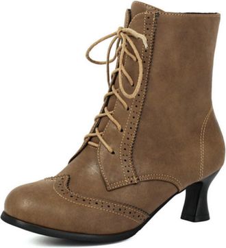Generic Womens Brogue Low Heel Ankle Boots with Front Laces - Classic Round Toe Short Booties for Office and Casual Outfits,Brown,7.5 UK