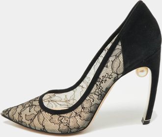 Nicholas Kirkwood Black/beige Suede And Lace Pearl Embellished Pointed Toe Pumps