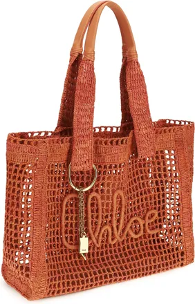 Chlo&eacute; Womens East-West Summer Banana Raffia Tote Bag Camellia Coral Shoulder