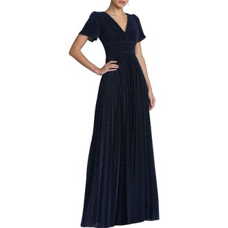 Mac Duggal Pleated Metallic Flutter Sleeve A Line Gown in Midnight at Nordstrom, Size 18