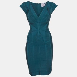 H&eacute;rve L&eacute;ger Teal Stretch Knit Bandage Mini Dress