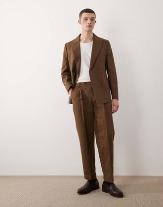 Asos Pantaloni da abito comodi affusolati in misto lino marrone scuro