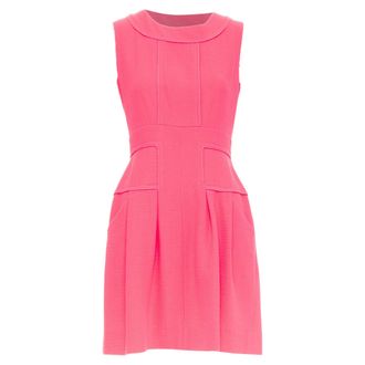 Oscar De La Renta F10 pink wool panelled round neck pleated A-line dress US2 S