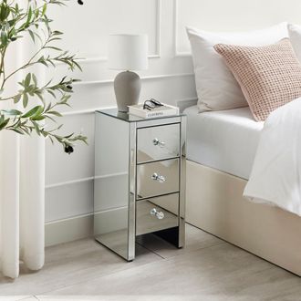 Furniturebox Murano Slim 3 Drawer Mirrored Square bedside Table With Crystaline Shaped Handles in Silver