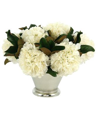 Creative Displays Inc. White Hydrangea And Magnolia Leaf Arrangement In A Silver Metal Vase