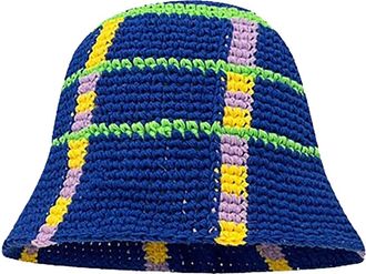 Generic Bucket Hat Sun Hat Men Crochet Bucket Hat for Women Knit Cap Handmade Foldable Floppy Beach Hat Fashion Cute Striped Floral Fishing Hat Cool Hat (Blue