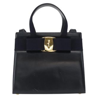 Ferragamo Convertible Vara Bow Tote Leather Navy Leather Handbag (Pre-Owned)