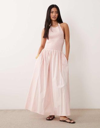 Miss Selfridge Vestito lungo arricciato e allacciato al collo in popeline rosa a righe