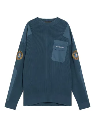 Balenciaga logo-appliqué ribbed-knit jumper - men - Cotton - M - Blue