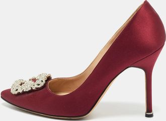 Manolo Blahnik Burgundy Satin Hangisi Crystal Embellished Pumps