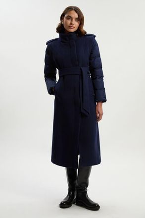 Karen Millen Wool High Neck Puffer Belted Midi Coat in Navy at Nordstrom, Size 12