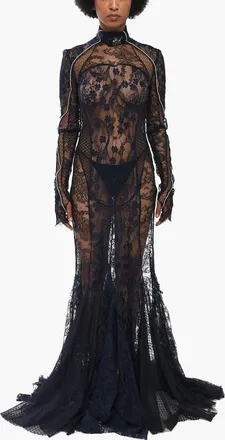 Off-white Long Lace Dress FLOWER WHEEL with Ruffled Hem Off-White