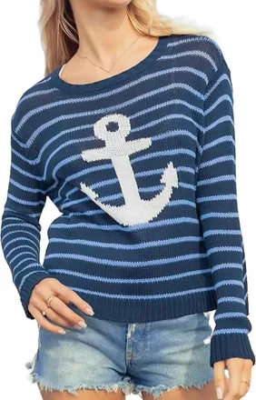 Wooden Ships Anchor Striped Sweater In Blue