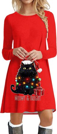 Generic Christmas Dress Womens Elegant Dress Christmas Women Round Neck Mini Dress Cat Pattern Jumper Dress Funny Tunic Dress Ugly Christmas Jumper Dresses Ch