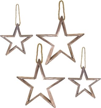 Melrose International Natural Wooden Star Ornament with Jute Hanger (Set of 4) - Brown