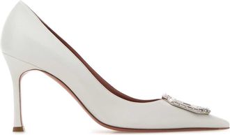 Amina Muaddi White Leather Camelia Pumps